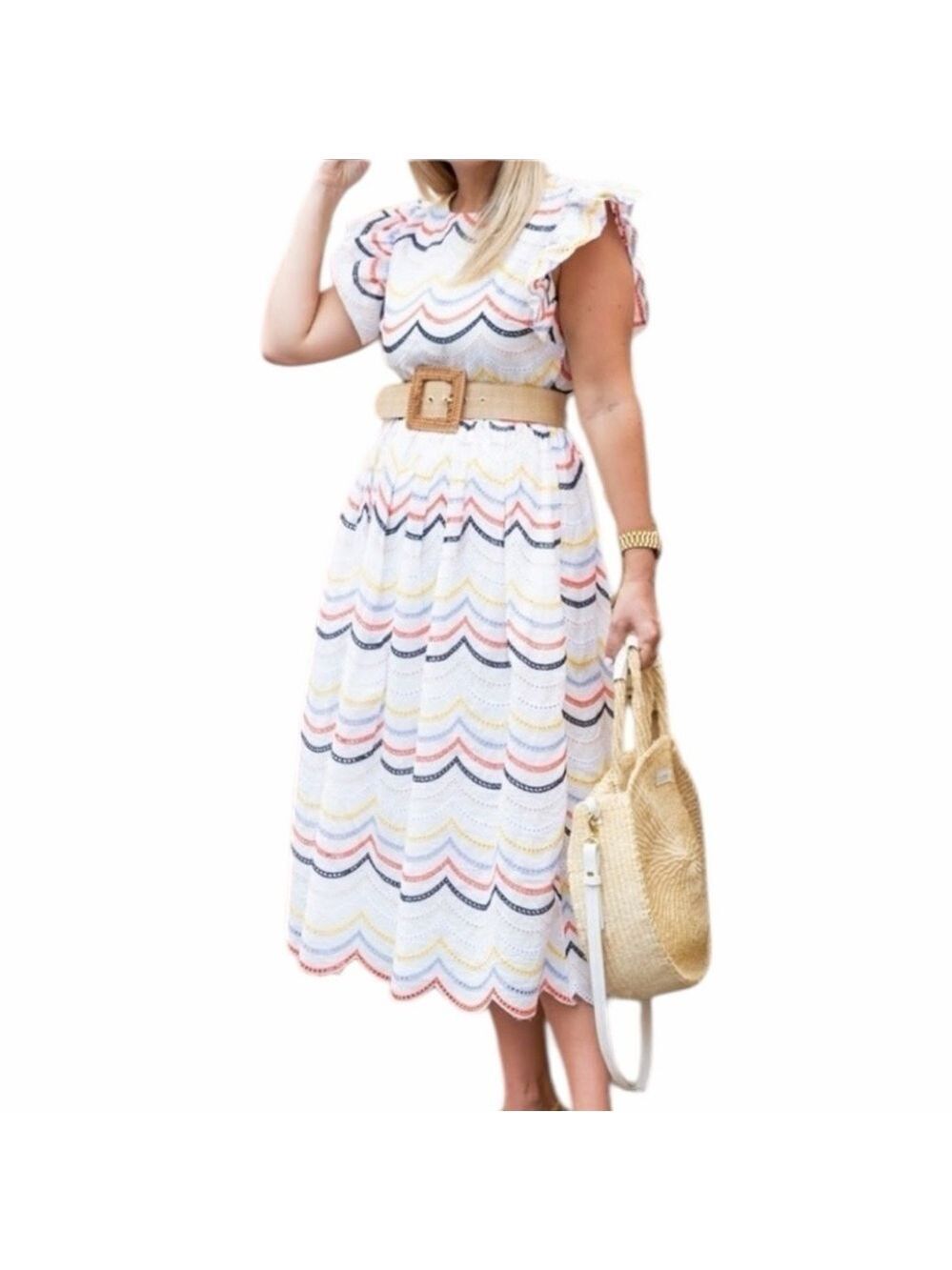 Anthropologie JUST ME White Eyelet Dress Colorful Embroidered Ruffles EC Medium